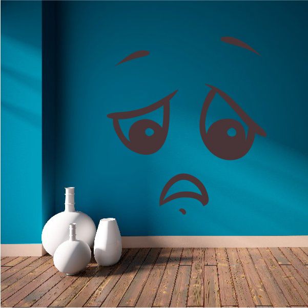 Sad crying face expression wall decal, vinyl sticker with teary eyes and curved frown