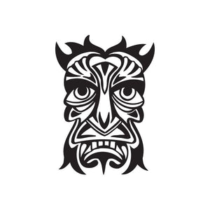 Black tiki face decal with swirling tribal lines and horned brow