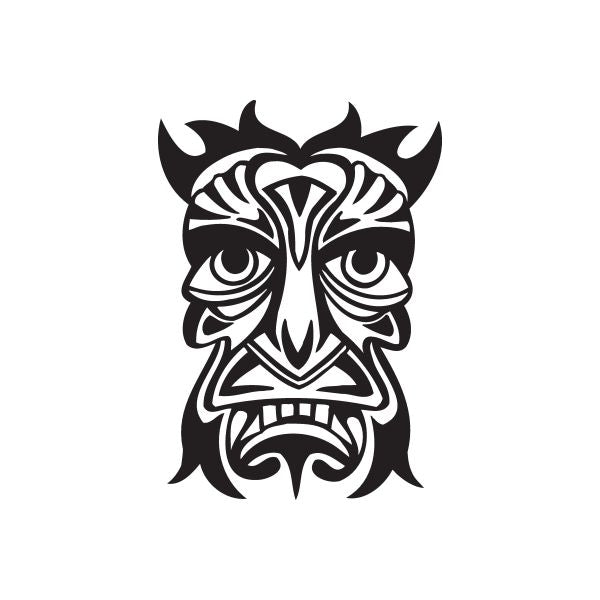 Black tiki face decal with swirling tribal lines and horned brow