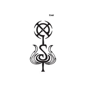 Graffiti decal with black Exist logo and abstract flame-like symbol