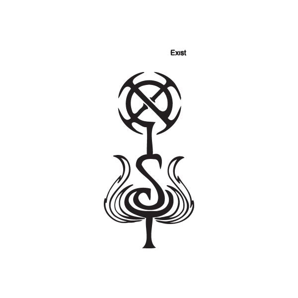 Graffiti decal with black Exist logo and abstract flame-like symbol