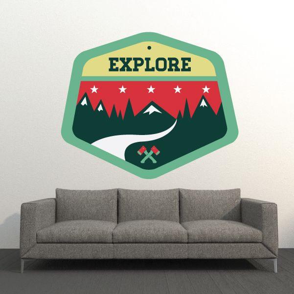 Explore camp badge vinyl wall decal with green border, red sky, mountains, and star details