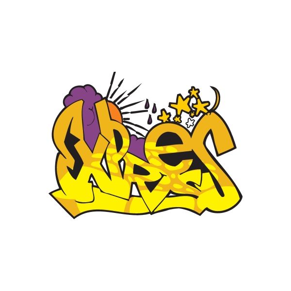 Graffiti sticker with yellow, purple, and orange tag letters and star accents