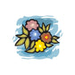 Spring flowers sticker with colorful blossoms and leafy accents in blue splash