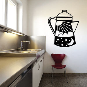 Espresso maker wall decal with teapot, stars, moon, and fan rays design