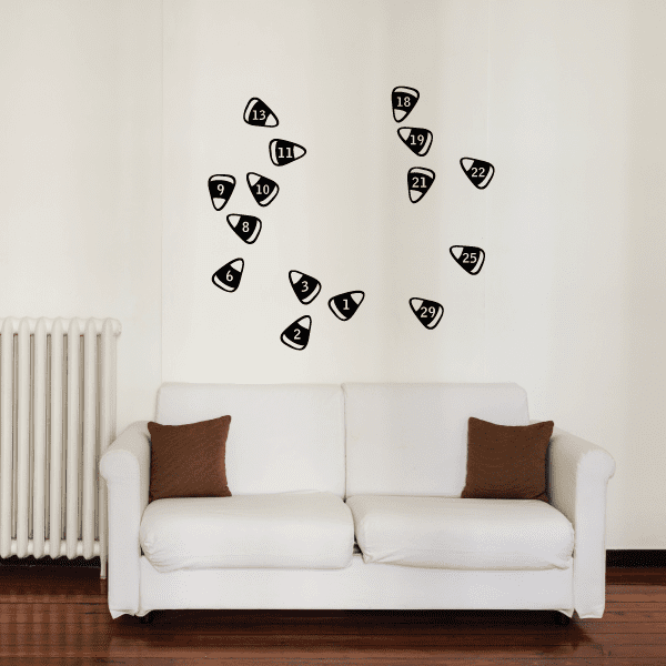 Numbered game token decal set with black pieces and white numbers, multiple shapes