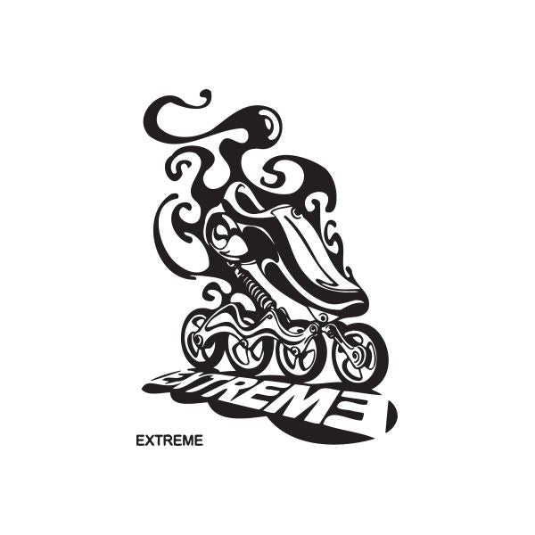 Black graffiti roller skate decal with swirling design and EXTREME text