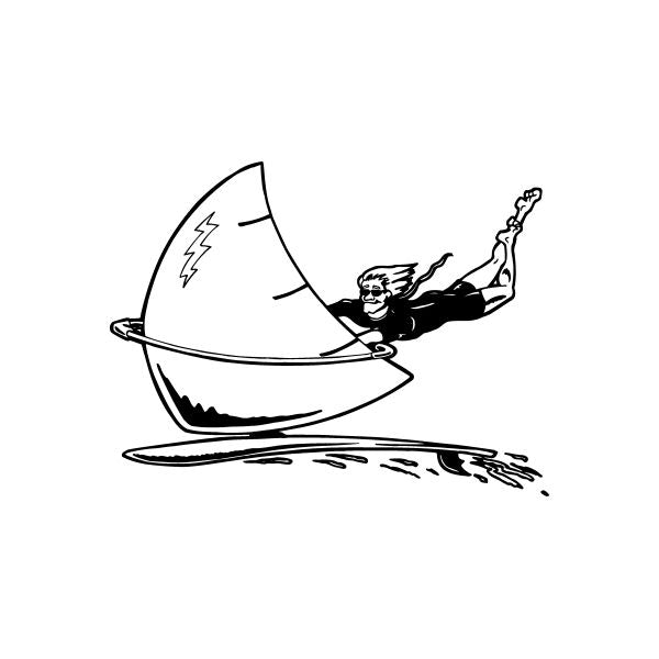 Windsurfing decal sticker with black sail and rider silhouette on white