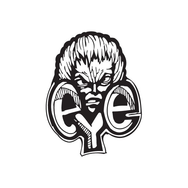Black-and-white stylized face decal with large circular eyes and graffiti line art