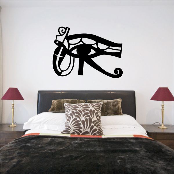 Egyptian Eye of Ra wall decal, black vinyl eye symbol with feathers