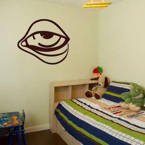 Eye with bags wall decal, stylized dark brown outline on light surface