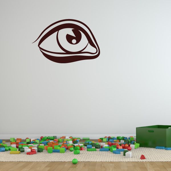 Looking Away eye decal: maroon outlined eye with white and dark pupil.