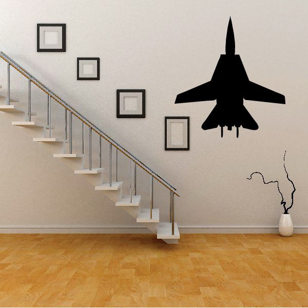 Black F-14 Tomcat silhouette wall decal, jet wings and tail visible