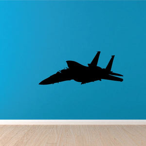 F-15 Eagle decal: black jet silhouette with twin tail fins on blue background.