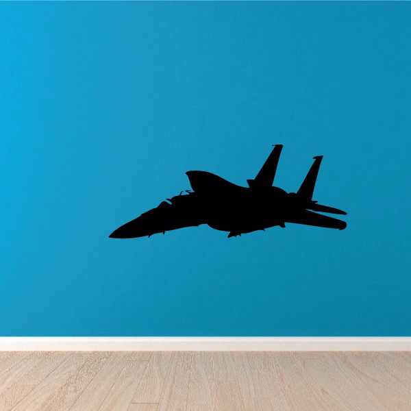 F-15 Eagle decal: black jet silhouette with twin tail fins on blue background.