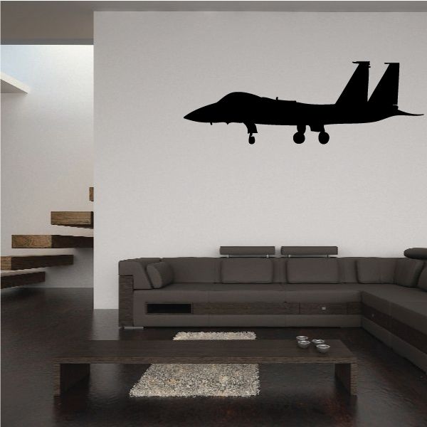 Black F-15 fighter jet silhouette wall decal, landing gear down