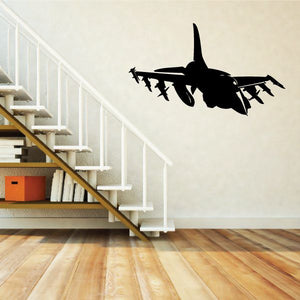 F-16 fighter jet decal, black aircraft silhouette in side profile