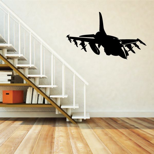 F-16 fighter jet decal, black aircraft silhouette in side profile