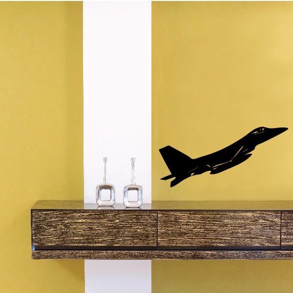 Flying F-16 jet decal, black silhouette with contrails