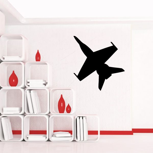 Black jet airplane decal silhouette with swept wings and tail fins