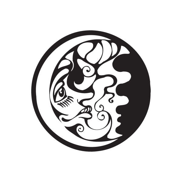 Moon face decal: black circular sticker with white stylized half-face profile