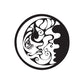 Moon face decal: black circular sticker with white stylized half-face profile