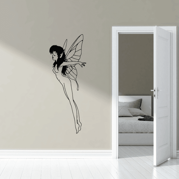 Fairy on tiptoes wall decal of a black silhouette girl with wings