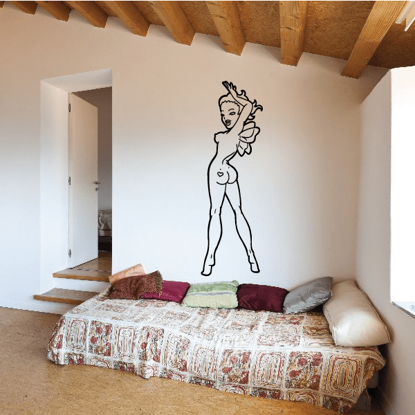 Fairy with heart tattoo decal, black line-art figure with heart