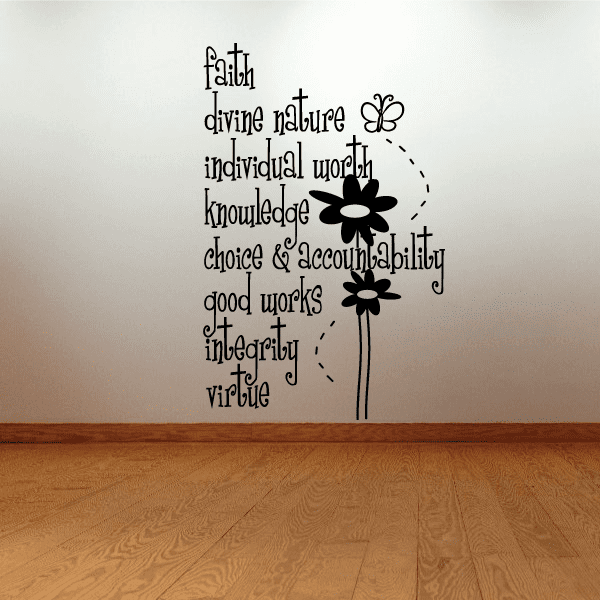 Wall decal with faith quote and three black flower outlines with stems