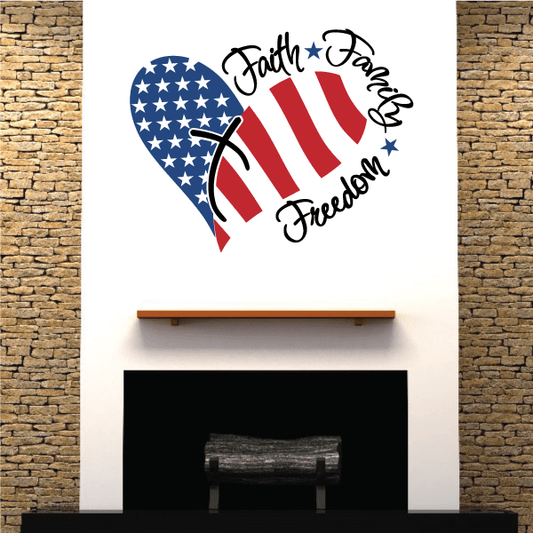 Heart die-cut decal: Faith Family Freedom, blue stars and red-white stripes