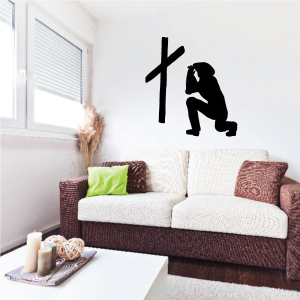 Black praying cowboy and cross wall decal silhouette