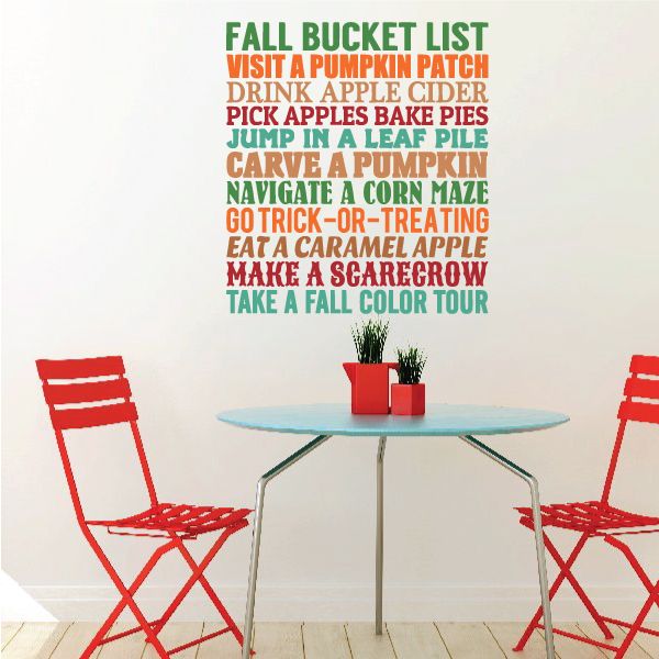 Fall bucket list wall decal with colorful text and autumn activities list