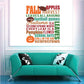 Fall word collage wall decal with colorful autumn phrases and leaf icons, white background