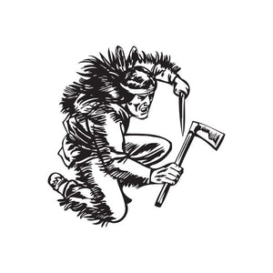 Native American warrior decal with black-and-white illustration, holding tomahawk.