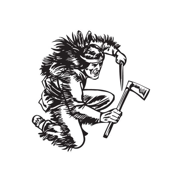 Native American warrior decal with black-and-white illustration, holding tomahawk.