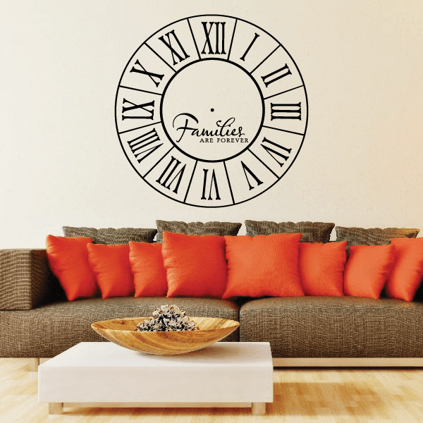 Wall clock face wall decal with Roman numerals and script center text