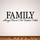 Family wall decal with 'FAMILY' and script text: 'Always, Forever, No Matter What'.