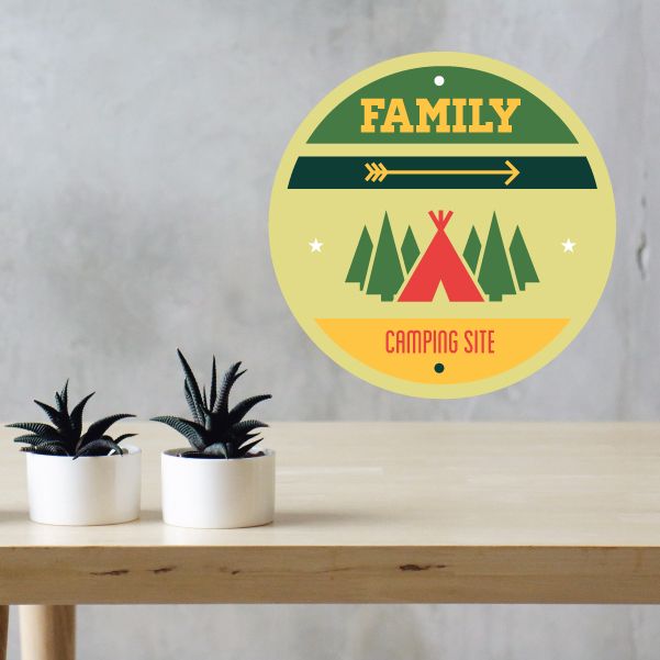 Camping site wall decal: circular Family badge with tent, trees, and FAMILY lettering