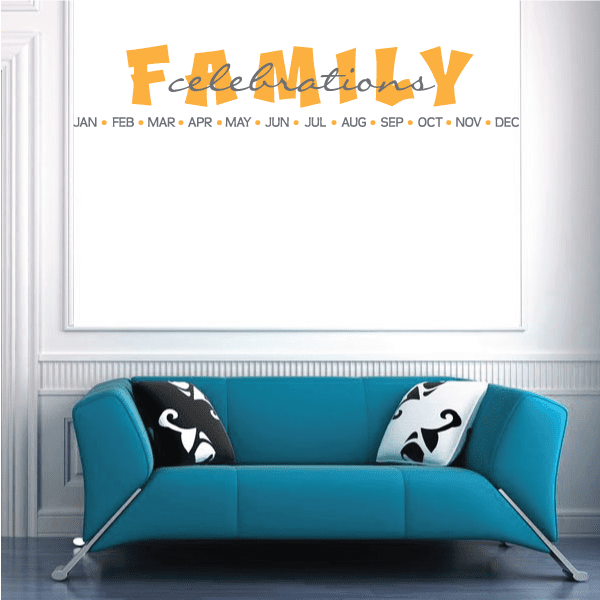 Family Celebrations wall decal calendar with orange banner and month abbreviations