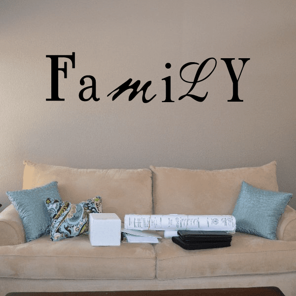 Family wall decal with bold black 'Family' lettering in serif and script styles