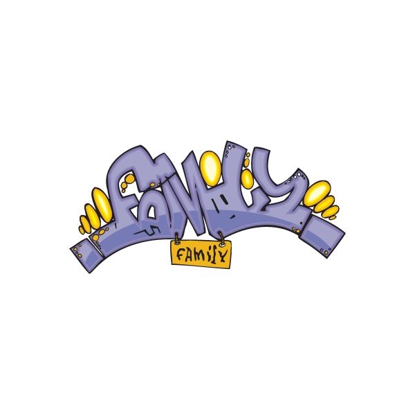Graffiti-style family sticker with purple arch and yellow candles, reads FAMILY