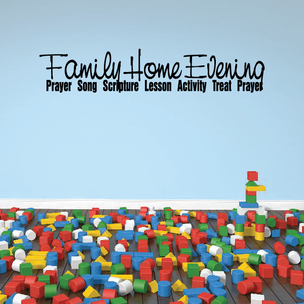 Family Home Evening wall decal with multicolor block lettering and activity words