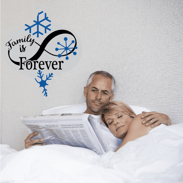 Christmas wall decal vinyl with blue/black snowflakes and 'Family is Forever' text
