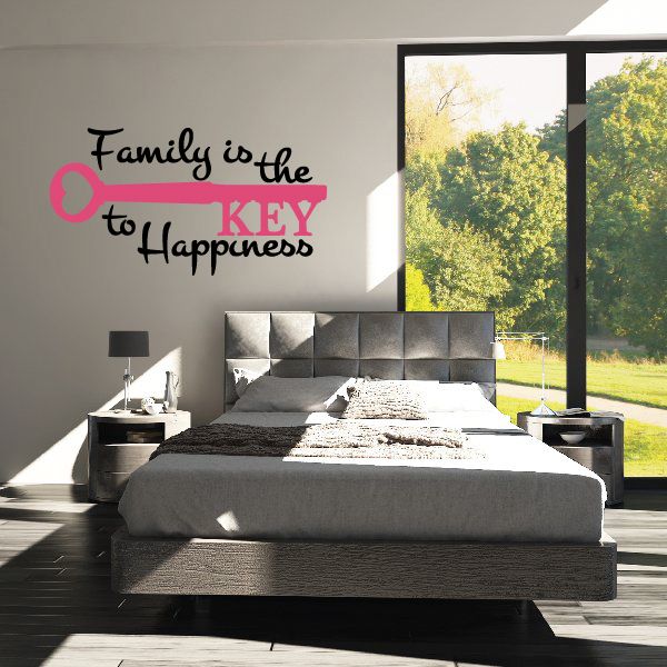 Wall decal text: 'Family is the' with pink key and 'KEY to Happiness'