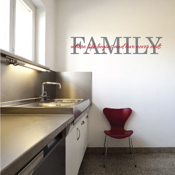 Printed die-cut wall decal with large “FAMILY” text and red cursive accents