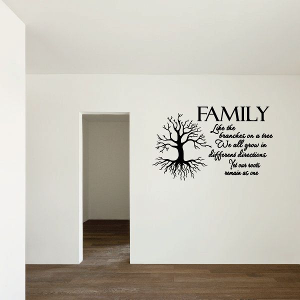 Family wall decal with tree silhouette and branches text, vinyl lettering for decor