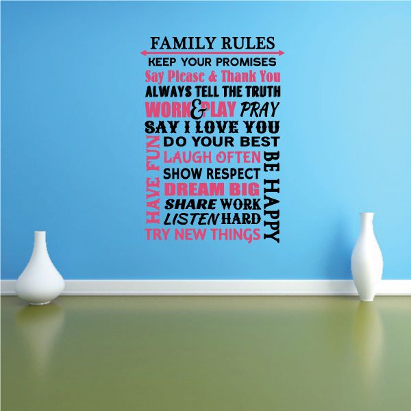 Family rules word collage decal with multicolor text phrases, die-cut design