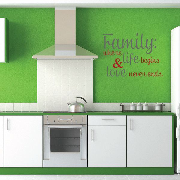 Printed die-cut wall decal with cursive quote: family, where life begins & love never ends.