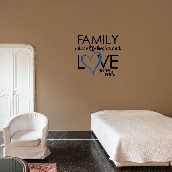 Family wall decal with blue heart and LOVE text, includes small 'never ends'.