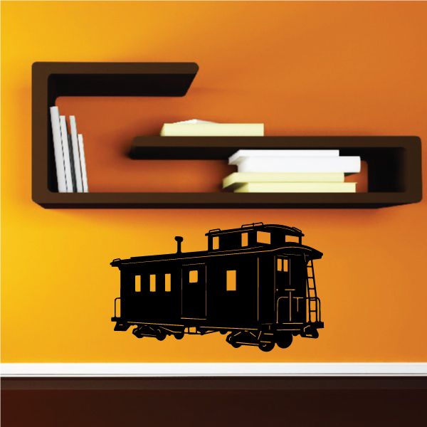 Black caboose front decal, with yellow-lit windows and chimney details